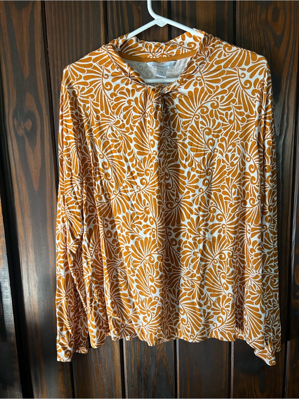 Liz Claiborne Mustard and White Floral Tie-Neck Long Sleeve Top